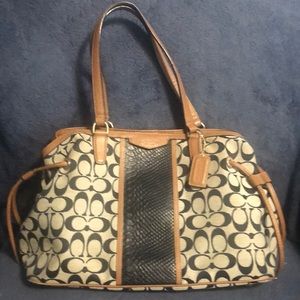 Coach Signature Canvas Tote in Black, Cream & Brown Leather Trim